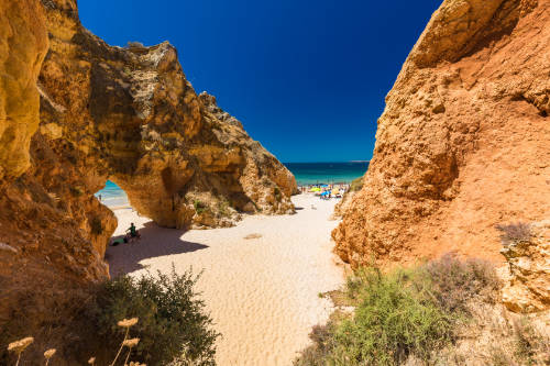 View of Praia dos Tres Irmaos beach, Alvor, Algarve, Portugal